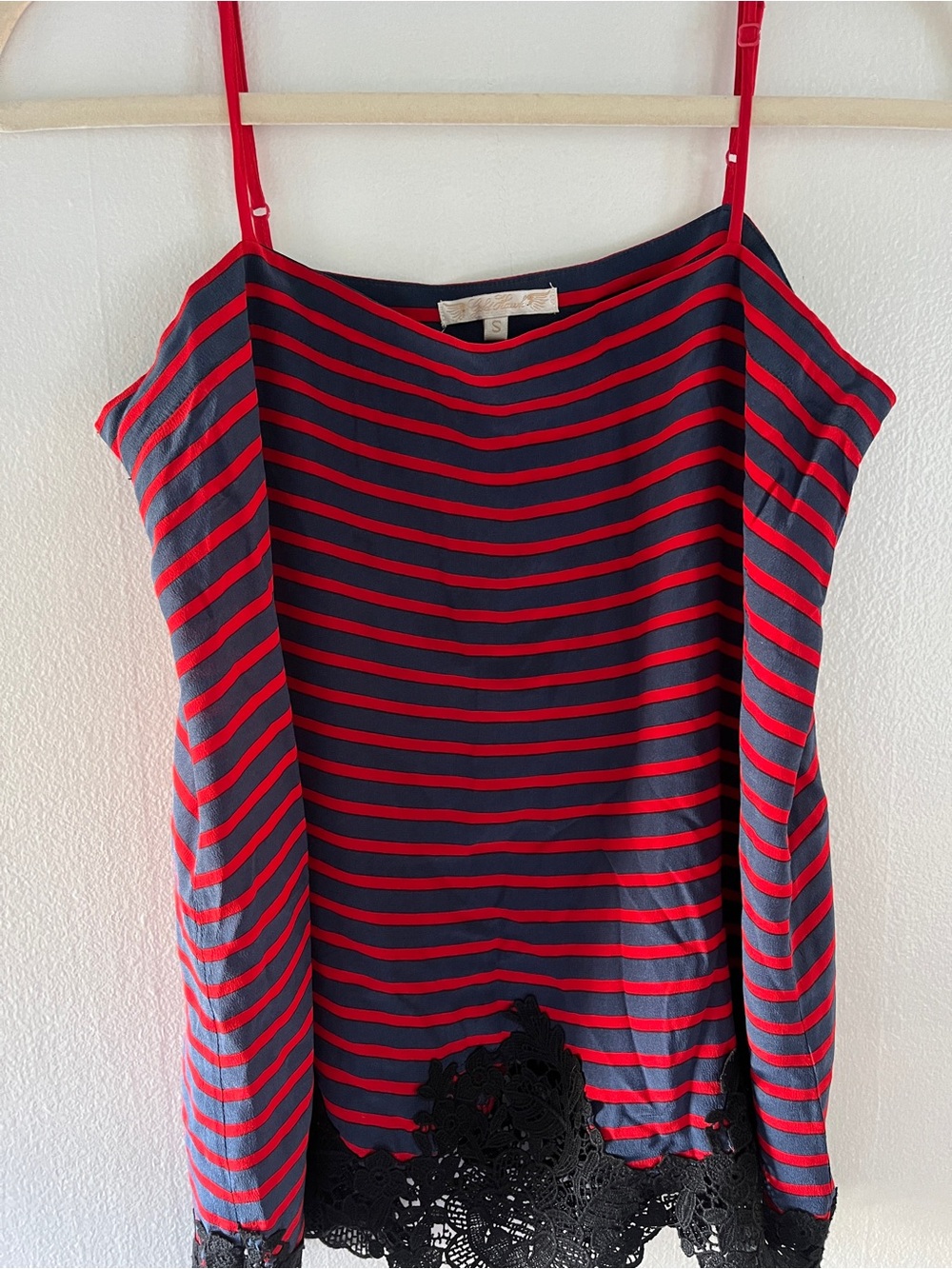 Women’s Navy and Red Silk Striped Lace-Hem Camisole